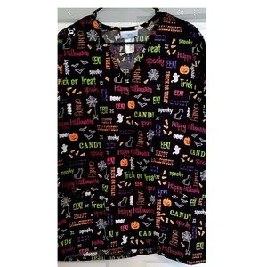 Women's Scrub Top Halloween Nursing Medical Dental-fields XL